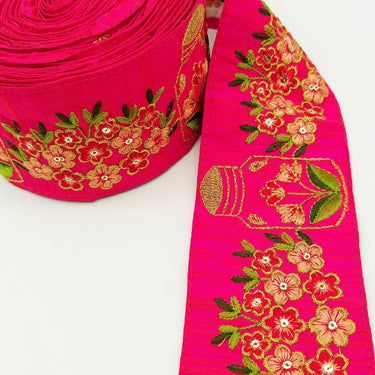 Pink Art Silk Trim With Floral Embroidery & Sequins, Red, Green And Gold Flower Embroidered Trim